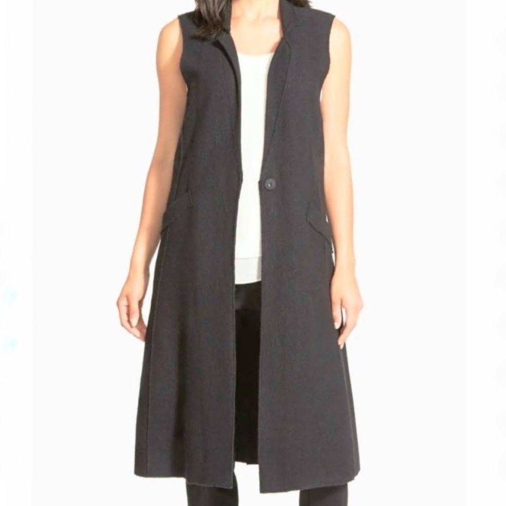 Eileen Fisher Notch Collar Long Merino Wool Sleeveless Jacket M